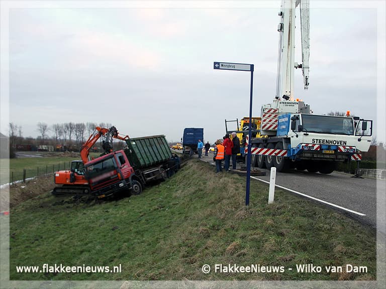 Volgeladen vrachtwagen van de dijk
