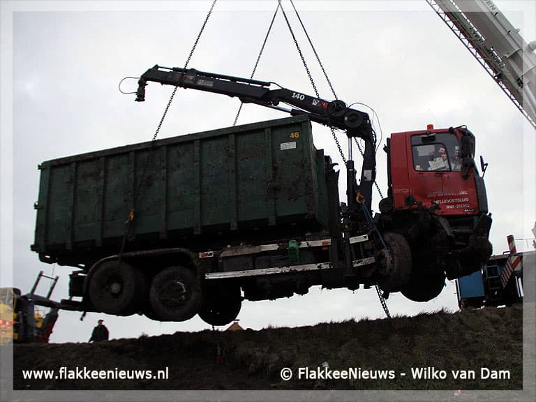 Volgeladen vrachtwagen van de dijk