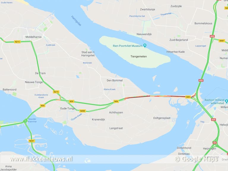 Verkeer N59 muurvast door ongeval