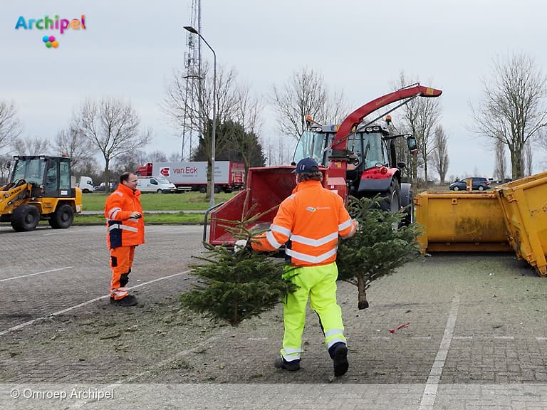 Kinderen vullen spaarpot met oude kerstbomen