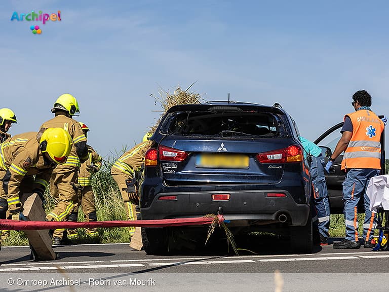 Automobilist en hondje raken van de weg op de N215