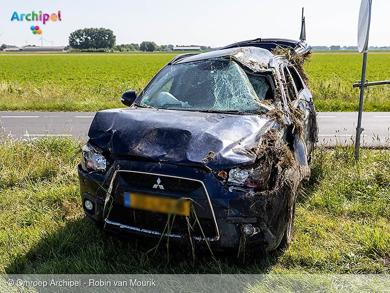 Automobilist en hondje raken van de weg op de N215