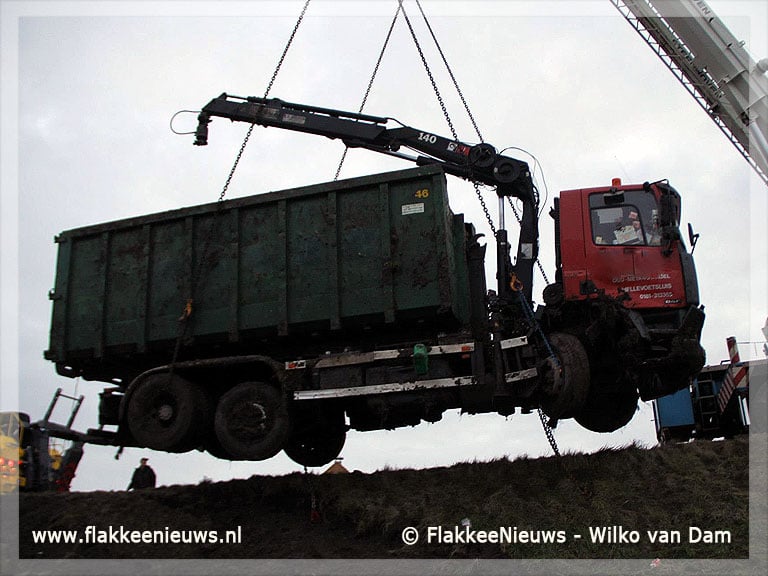 Volgeladen vrachtwagen van de dijk