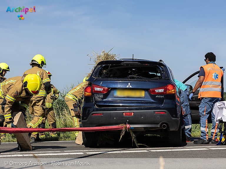 Automobilist en hondje raken van de weg op de N215
