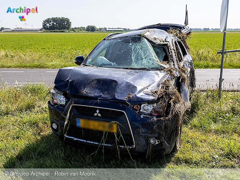 Automobilist en hondje raken van de weg op de N215