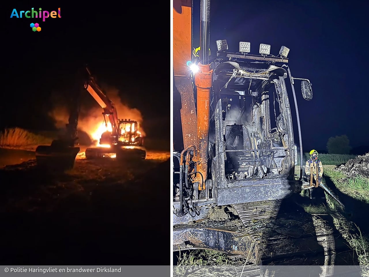 Graafmachine uitgebrand bij vermoedelijke brandstichting in Dirksland