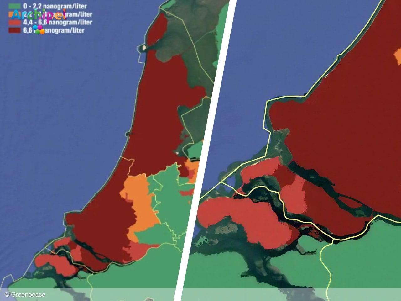 Drinkwater Goeree-Overflakkee kleurt rood tot donkerrood op PFAS-kaart